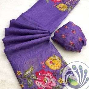 Soft Kota Chex Saree with Floral Digital Print & Embroidery